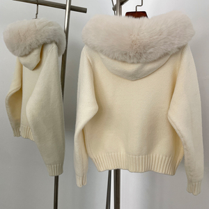OFTBUY jaket rajut hangat untuk wanita, mantel rajut lembut musim dingin bulu palsu ritsleting pendek bertudung, jaket Sweater kasual ramping elegan untuk wanita - Product Image 4