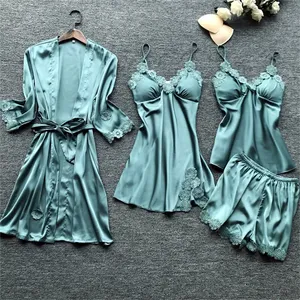 Four Pieces Sets Lace Satin Loungwear Flower Summer Bridal Robe Silk Nighties For Women Nighty Dress Night Gown