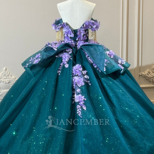 Robe de bal Quinceañera XS300 en dentelle avec perles de cristal, paillettes, décolleté cœur, appliques florales et pompons, pour femme, idéale pour les fêtes - Product Image 6