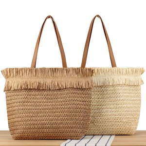Verano Color sólido Casual paja playa bolso vacaciones ocio vacaciones gran capacidad bolsa de compras con borde con flecos - Product Image 1