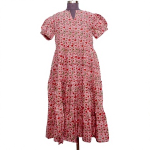 Floral Print Cotton Midi Dress Women V-Neck Puff Sleeve A-Line Casual Style Breathable Woven Fabric <b>Spring</b> Daily Wear - Product Image 1