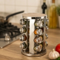 Support à épices rotatif en acier inoxydable 360° avec bocaux en verre et couvercles en bois, fabrication OEM sur mesure