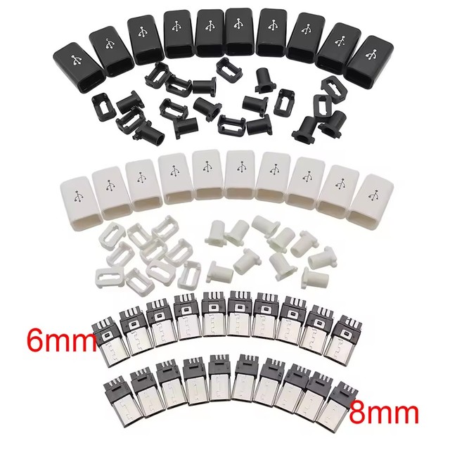 6mm 8mm Micro USB Welding Type Male Plug 5 Pin Connectors 4 in 1 DIY Plugs USB Tail Charging Socket Black White