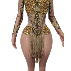 Monos de Manga Larga con Flecos Dorados Sexys para Carnaval, Fiesta, Pole Dance, Body de Una Pieza con Pedrería para Mujer - Product Image 5
