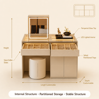 Armoire à bijoux en cuir crème, directement de l'usine, avec dessus en verre trempé fumé, éclairage LED et rangement écologique
