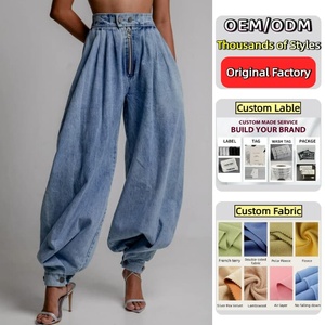 <span class=keywords><strong>Pantaloni</strong></span> Parachute in Denim <span class=keywords><strong>Blu</strong></span> con Zip Frontale e Orlo Regolabile, Gamba Larga, Vita Alta, Jeans Baggy per <span class=keywords><strong>Donna</strong></span> - Product Image 1