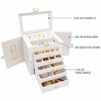 Boîte de rangement pour bijoux en cuir PU blanc sur mesure avec fenêtre en verre transparent, 5 tiroirs, 2 portes latérales, organiseur pour colliers