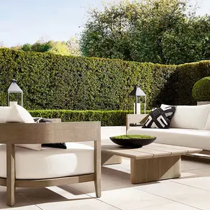 Juego de muebles de jardín modernos impermeables de lujo, sofá de patio Seccional de madera de teca, sofá de aluminio para exteriores