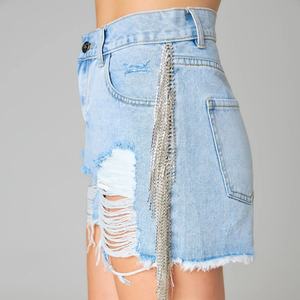Shorts de Mezclilla Rasgados de Cintura Alta para Mujer, Verano 2025, con Borlas de Diamantes de Imitación Azules - Product Image 4