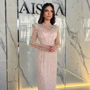 Sharon Saidイブニングドレス高級クリームドバイ長袖女性用エレガントピンクフォーマルウェディングパーティーガウン
