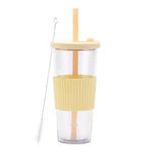 Reusable 24oz Plastic Double Wall Drinking Water Bottle Travel Boba Bubble Tea Tumbler With Lid and Straw for travel