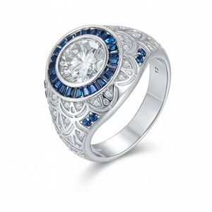 Classic Yellow <b>Gold</b> Moissanite <b>Cocktail</b> <b>Ring</b> Round Brilliant Cut Bezel Setting Flower Pattern Women's Engagement Jewelry - Product Image 2