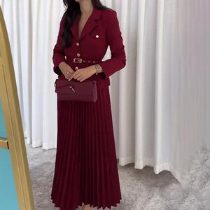 Mode <span class=keywords><strong>Set</strong></span> Dames Lange Mouw Nieuwe Effen Kleur Revers <span class=keywords><strong>Blazer</strong></span> Geplooide Rok 2-delig <span class=keywords><strong>Set</strong></span> - Product Image 1