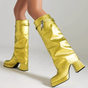 Bright Color Wide Fit Large Size 48 Women Square Toe Overlay Shoes Lady Lock Shark Booties Chunky Heels Knee High <b>Boots</b> - Product Image 4