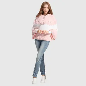 D1209TD23 Women Casual Round Neck Bell Sleeve Hooded Colorblock Knit Pullover Sehe Fashion