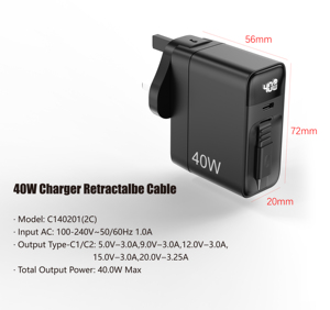 Nouveau chargeur mural <span class=keywords><strong>MIYU</strong></span> 40W PD Type-C 2026 avec écran numérique, câble rétractable, compatible UE, UK, AU, charge rapide, personnalisable - Product Image 1