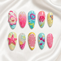 Ongles en amande thème plage faits à la main, 10 pièces, roses, avec fleurs 3D, étoiles de mer, tranches de citron et pois, pour l'été