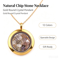 Collier avec pendentif flottant rond en verre et copeaux de cristal naturel, en acier inoxydable plaqué or, pierre de guérison
