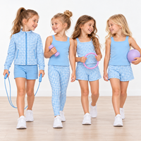 Set Pakaian Olahraga Anak Label Pribadi Biru Langit Motif Kotak-Kotak Atasan Ritsleting Penuh dan Celana Ketat Pinggang Tinggi untuk Anak Perempuan Pemasok OEM