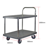 Chariot de service à double plateau 60*90cm à quatre roues, plateforme en plastique, chariot à 2 niveaux, capacité 300kg, panneau gris, achat direct usine