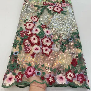 2022 en İyi kalite mix renk nakış elbise boncuk ve sequins tül dantel ağır çiçekler boncuklu dantel kumaş