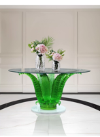 Table de salle à manger de luxe à base en résine transparente cannelée verticale, plateau rond en verre trempé, table console pour hall d'hôtel ou hall d'entrée