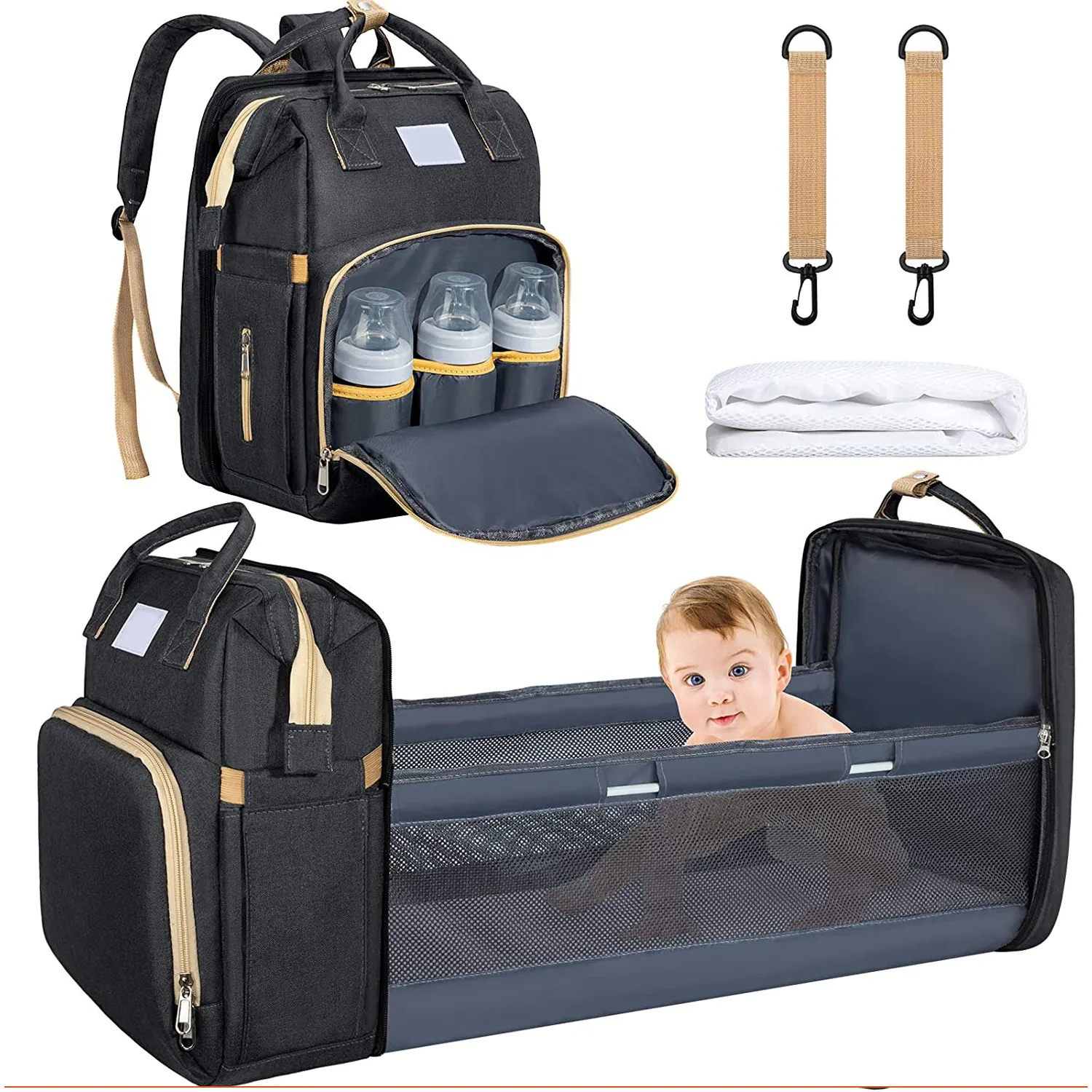 Fashion Customized Multifunction Large Capacity Waterproof Baby Reusable Diaper Bag Backpack With Bed Changing Station