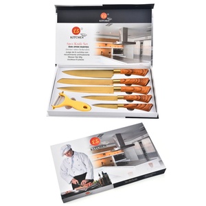 Ensemble de 6 couteaux de cuisine en acier inoxydable plaqué or titane avec manche en PP à motif bois - Product Image 6