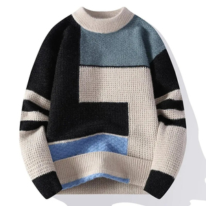 New Style Autumn and Winter <strong>Color</strong> <strong>Block</strong> Thickened Bottoming Sweater O-neck Fashion Loose Pullover for Man - Product Image 1