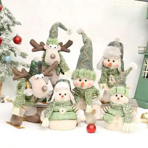LINGKAI <b>Vintage</b> Green Fabric Christmas Plush Doll Retractable Standing Snowman Elk Figurine Indoor Xmas Table Window Decor - Product Image 1