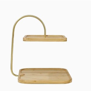 Plateau de service en bambou double couche avec poignée dorée pour la décoration de la maison et les collations - Product Image 2