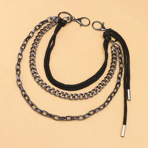 Black <b>Rope</b> Waist <b>Chain</b> With Metal <b>Chains</b> For Pants Hip Hop Style Daily Wear Zinc Alloy Material Multiple Belt Loops - Product Image 3