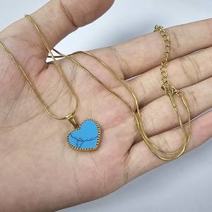 Kalung hati untuk wanita sintetis biru Turquoise bertatahkan warna emas Stainless Steel liontin hati kalung hadiah - Product Image 6