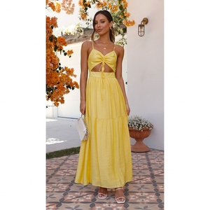 Vestido Vintage Cálido de Primavera en Amarillo con Cuello en V y Cremallera hasta el Suelo, Gran Venta - Product Image 1