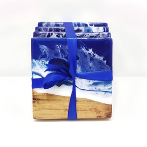 Ensemble de sous-verres en résine époxy Ocean Wave, base en bois carrée, antidérapant, design bohème, écologique, cadeau décoratif - Product Image 1