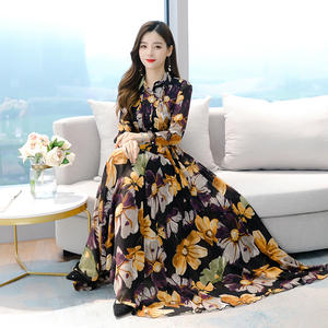 Lente Herfst Dames Jurk Met Lange Mouwen Grote Zoom A-Lijn Chiffon Overhemd Kraag Revers Knoop Dame Bloemen Casual Maxi Lange Jurk - Product Image 2