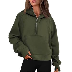 Sudadera con Capucha Deportiva de Alta Calidad Personalizada para Mujer, Sudadera Corta Holgada Negra de Felpa Gruesa con Media Cremallera para Mujer - Product Image 5