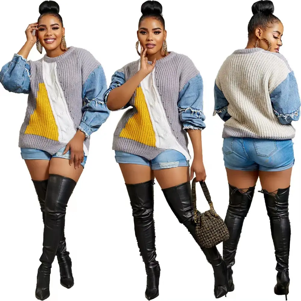 Unique Vintage Lady Plus Size Women's Sweaters Shirt Top Patchwork Denim Pullover Fall Winter Knitted Wool Sweater