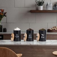 Lot de 3 Couvercle Sucre Thé Café Boîtes Scellées Cuisine En Gros Bocaux En Acier Galvanisé Boîte En Étain Cuisine Bambou Alimentaire Vintage