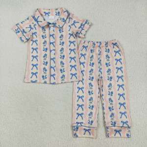 RTS Boutique Flower Coquette Bows Print Little Girls Botones Camisa Pantalones largos Trajes de 2 piezas Venta al por mayor Ropa para niños Ropa de dormir - Product Image 2