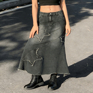 2025 Autumn Winter Y2K Distressed Vintage Casual Loose Women's Denim Skirt <b>Light</b> Eco-Friendly Waterproof Raw Hemline <b>Star</b> Waist - Product Image 1
