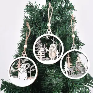 圣诞创意木制吊坠8.5厘米6PCS包装木制圆形圣诞老人雪人麋鹿挂树装饰小玩意新年