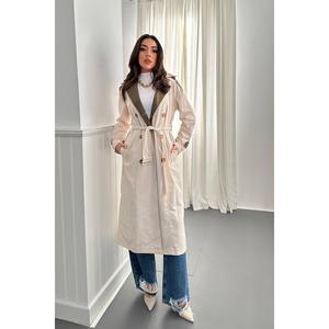 Manteau Trench Long Vintage Beige Kaki pour Femme, Imperméable, avec Ceinture à Rayures au Dos et Décoration Imprimée en Coton – Vente en Gros - Product Image 5