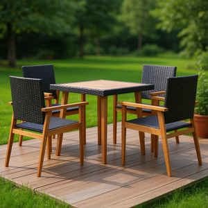 Ensemble de salle à manger en bois d'acacia et rotin noir pour jardin, mobilier d'extérieur en bois massif - Product Image 2