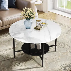 Tavolino rotondo moderno con ripiano aperto a 2 livelli tavolino in pietra sinterizzata tavolino laterale con struttura in metallo nero per soggiorno