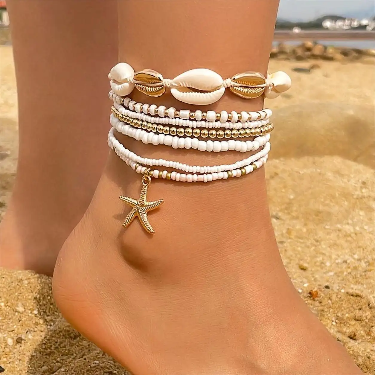 Moda verão praia ouro concha corrente frisado Multicamadas tornozeleiras mulheres Boho Estrela do Mar tornozelo pulseiras descalças joias para presentes