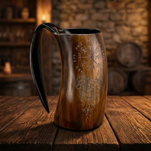 Chope en corne de style viking avec runes gravées et motif loup, écologique, grande capacité 600 ml, vaisselle vintage pour usage domestique - Product Image 2