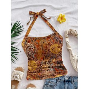 FOXA Women's Paisley Halter Top Boho <b>Tie</b> <b>Back</b> Fitted Vintage Camisole Top - Product Image 3