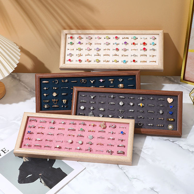 Premium Wooden Ring Display Tray With 50 Slots Capacity Walnut Wood Grain Multi-color Velvet Lining Earring Stud Organizer Box