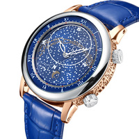 Montre automatique mécanique pour homme avec bracelet en cuir, cadran lumineux, aiguilles rotatives, entièrement bleue, or rose, gravée